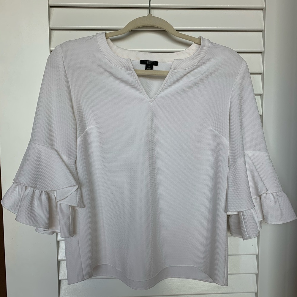 Ann Taylor Loft White Ruffle Sleeve Blouse
